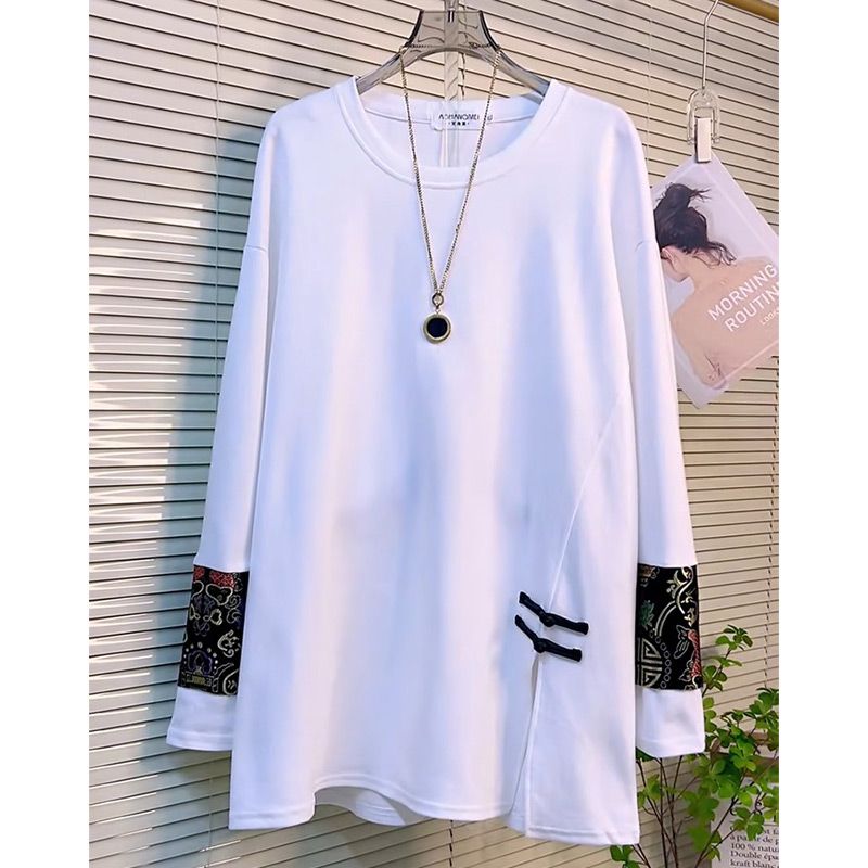 2024 spring new style national style slit color matching versatile T-shirt women's fashion loose slimming foreign style mid-length top