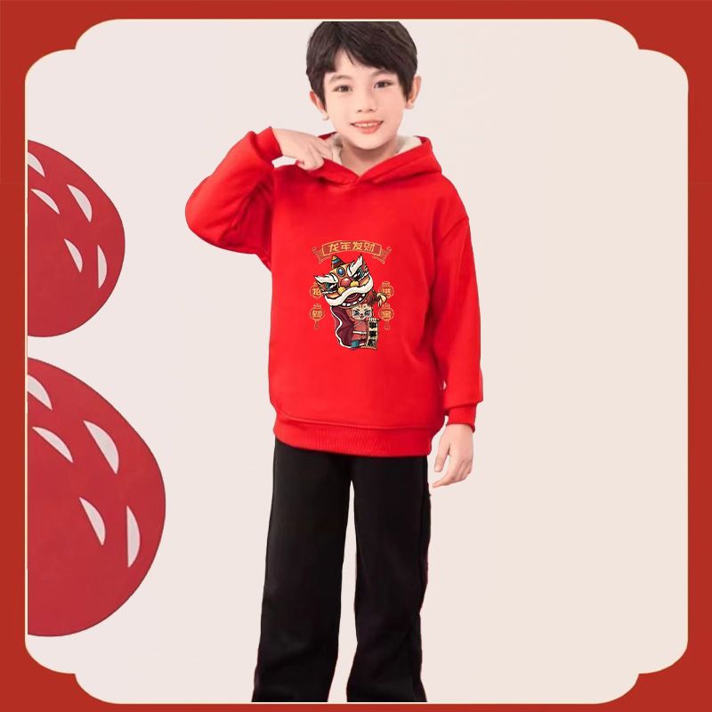 Boys' hooded sweatshirt New Year's greetings winter style boys' New Year's Tang suit clothes girls' baby red festive clothes trendy