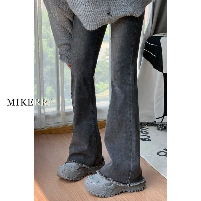 梨形身材毛邊微喇牛仔褲女春秋小個子百搭顯瘦喇叭彈力馬蹄長褲子