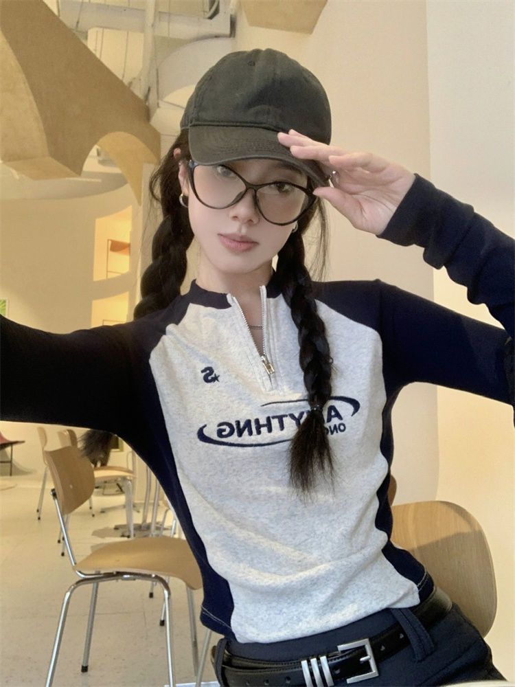美式字母撞色拼接長袖T恤女早秋季甜酷風修身顯瘦短款上衣打底衫