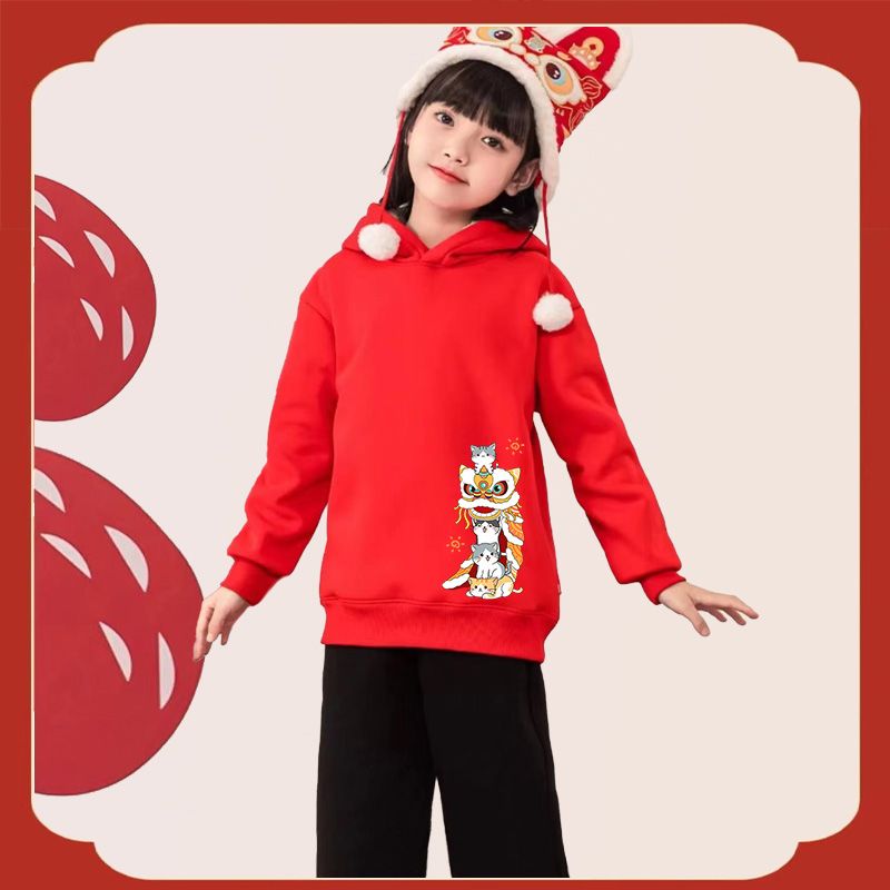 2024 Year of the Dragon children's zodiac year New Year's sweatshirt plus velvet new thick red girl's middle and older children New Year's greeting top