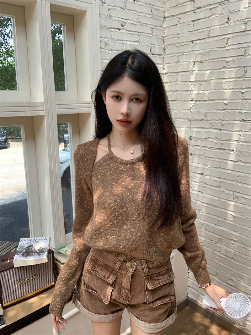 假兩件掛脖拼接長袖針織衫女裝2024新款秋裝時尚寬鬆顯瘦打底上衣