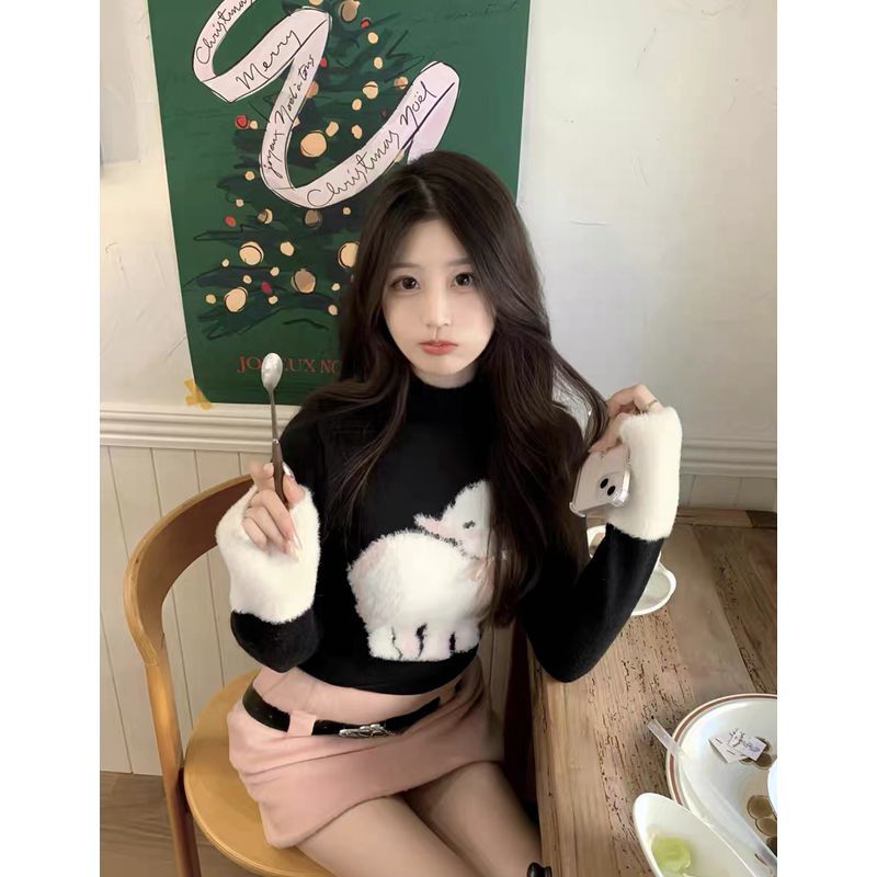 套裝女2023秋冬新款羊咩芭比黑色慵懶修身毛衣高腰顯瘦毛呢半身裙