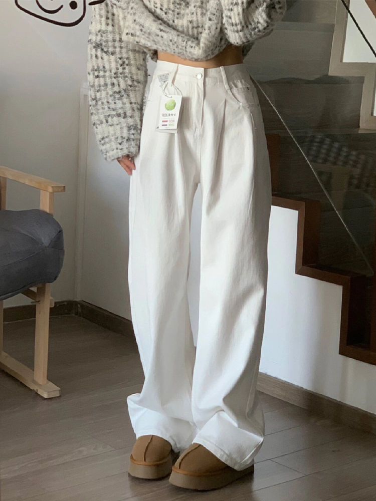 白色褶皺設計闊腿牛仔褲女秋冬新款高腰顯瘦寬鬆百搭直筒拖地褲子