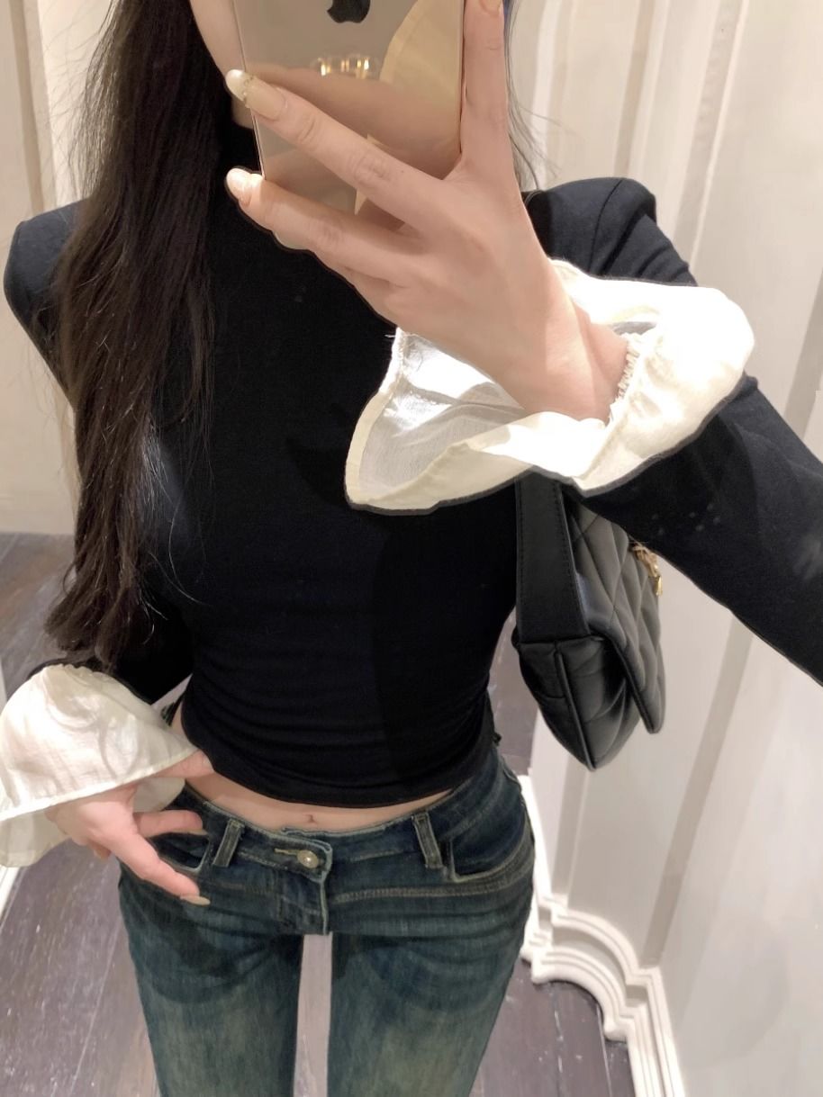 德絨半高領打底衫女秋冬加絨內搭短款上衣新款別致喇叭袖長袖T恤