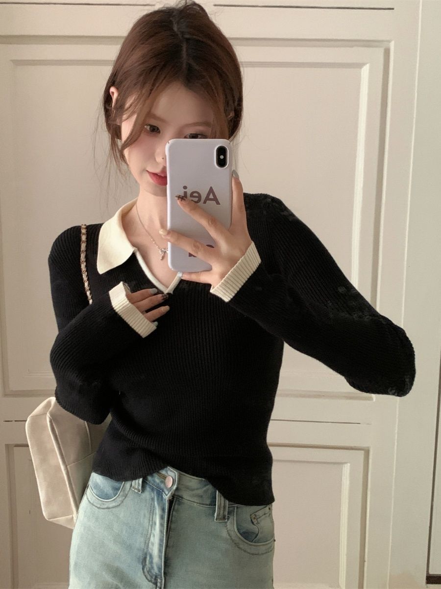 Irregular contrasting color POLO long-sleeved 2024 spring and autumn new slim-fitting sweater base sweater slimming top
