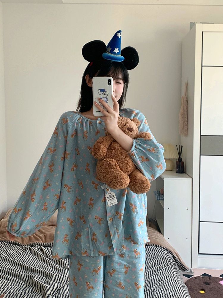 Korean internet celebrity style cartoon printed long-sleeved pajamas for women spring and autumn 2024 new cardigan trousers home wear set