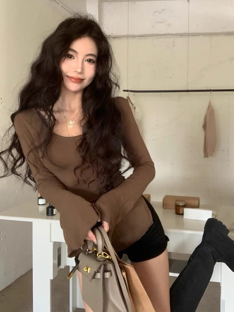 復古磨毛加絨u領T恤女秋冬季修身氣質開叉內搭保暖長袖打底上衣