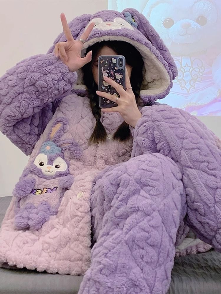 珊瑚絨睡衣女款秋冬季新款三層夾棉加厚加絨卡通可外穿家居服套裝