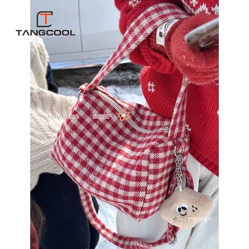 Autumn and winter sweet and cool crossbody bag red plaid portable shoulder bag plush bag plush bag women's shoulder bag