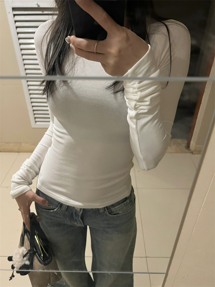 韓版白色圓領內搭打底衫女辣妹純欲修身顯瘦短款長袖t恤打底上衣