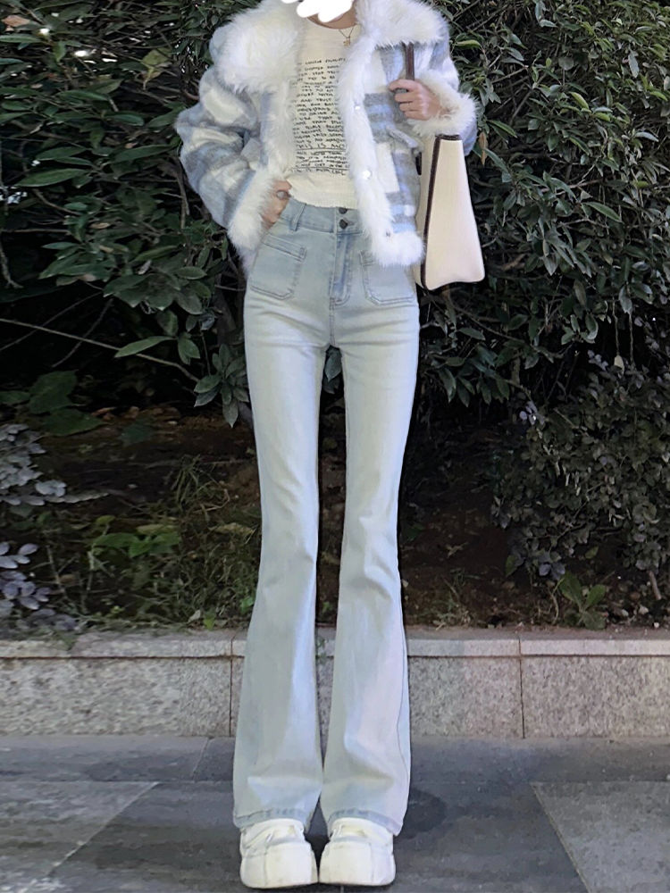 復古淺色微喇叭牛仔褲女冬季新款辣妹雙扣子彈力緊身顯瘦直筒褲子
