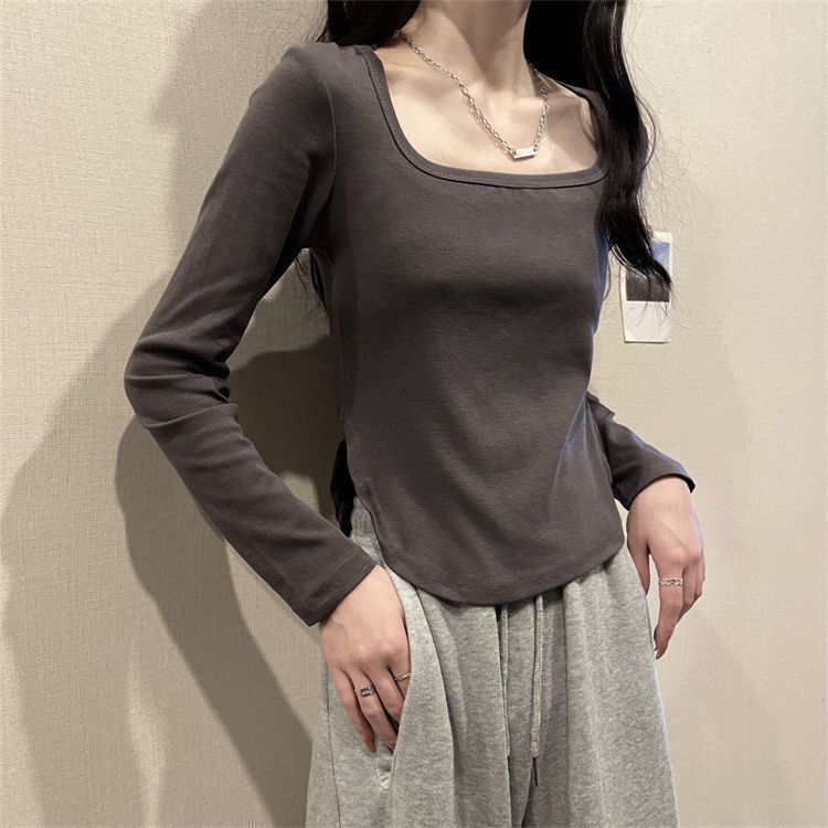 修身不規則設計感小眾開叉t恤女春季2024年秋冬韓版打底百搭上衣
