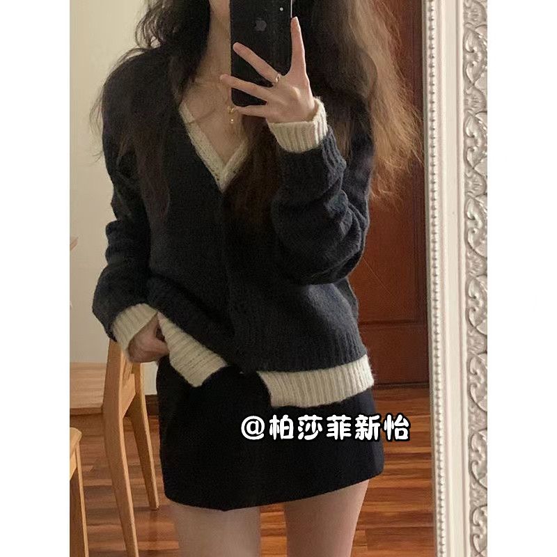 Maillard fake two-piece v-neck knitted cardigan autumn and winter high-end soft and lazy style Korean design sweater for women