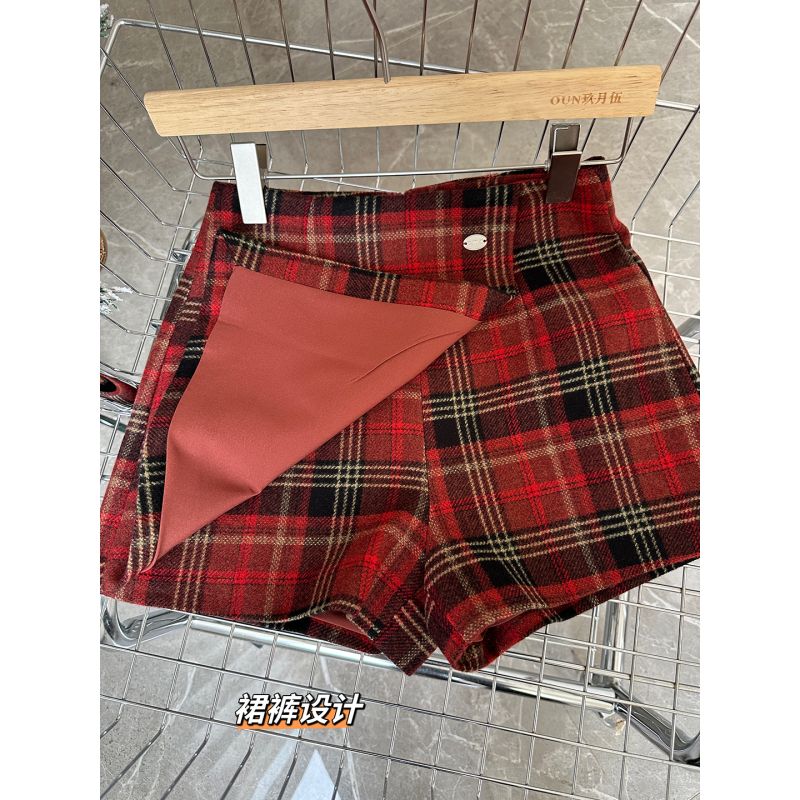 紅色格紋裙半身裙女秋冬美式復古A字短裙子毛呢裙褲