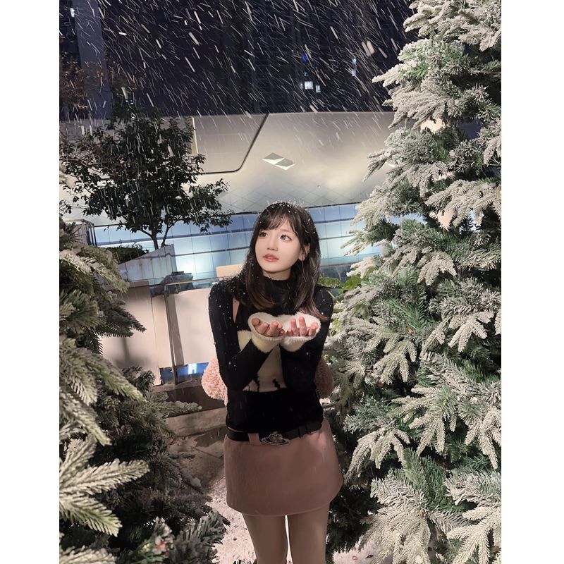羊咩芭比黑色修身慵懶毛衣套裝女秋冬粉色高腰毛呢半身裙兩件套