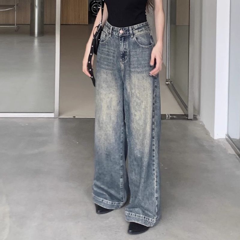 辣妹復古水洗直筒牛仔褲女小個子高腰寬鬆顯瘦拖地褲垂感闊腿長褲