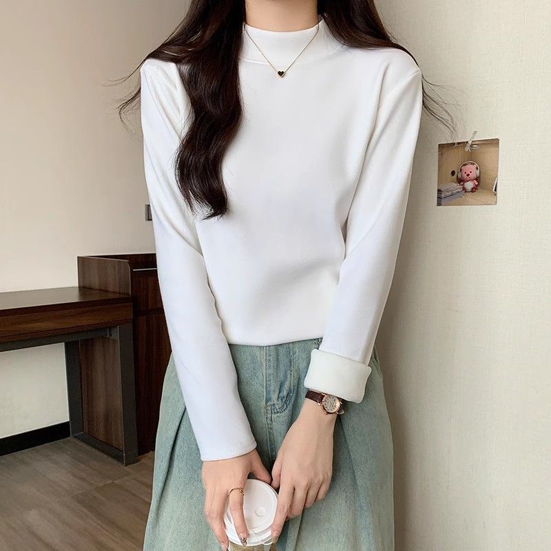 複合絨半高領長袖t恤女秋冬2024新款加絨純色內搭通勤打底衫上衣