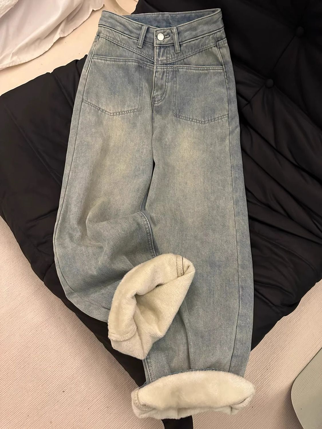 美式做舊水洗闊腿牛仔褲女春秋季新款加絨高腰顯瘦設計感拖地褲子