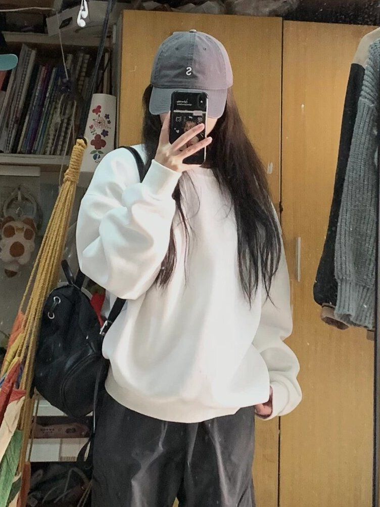 簡約通勤純色2023秋冬季圓領衛衣女寬鬆個性休閒百搭慵懶風上衣