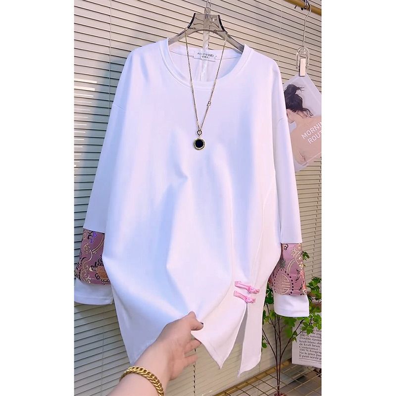 2024 spring new style national style slit color matching versatile T-shirt women's fashion loose slimming foreign style mid-length top