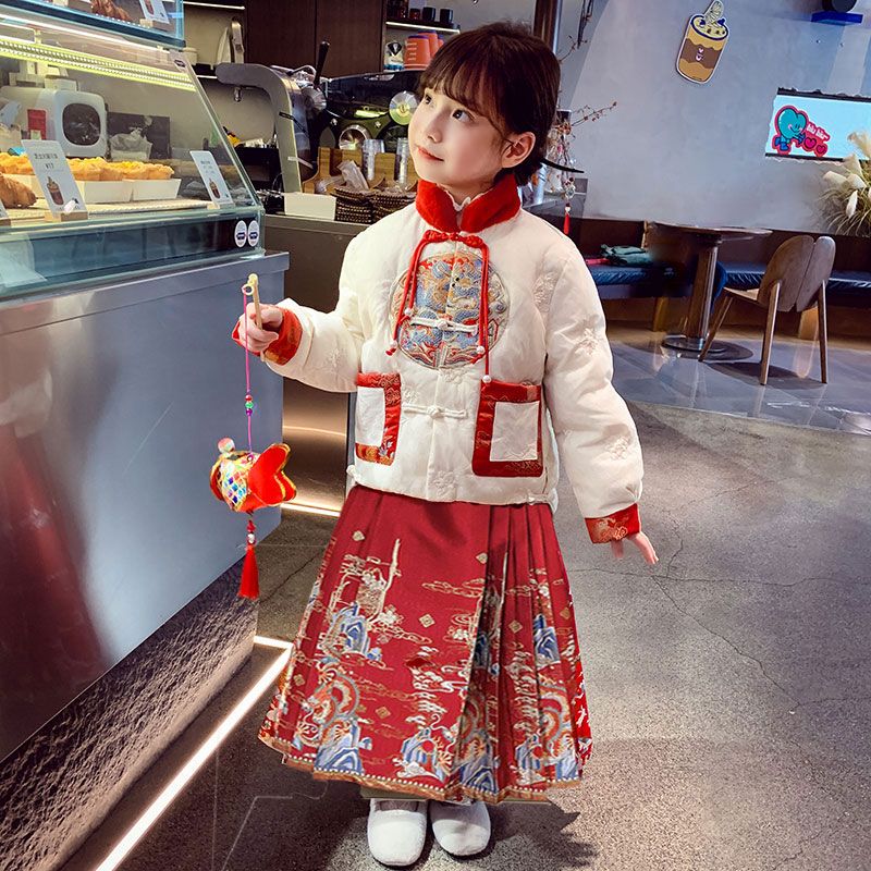 女童冬裝漢服棉服女孩國風馬面裙兒童加絨中國拜年服套裝新年衣服