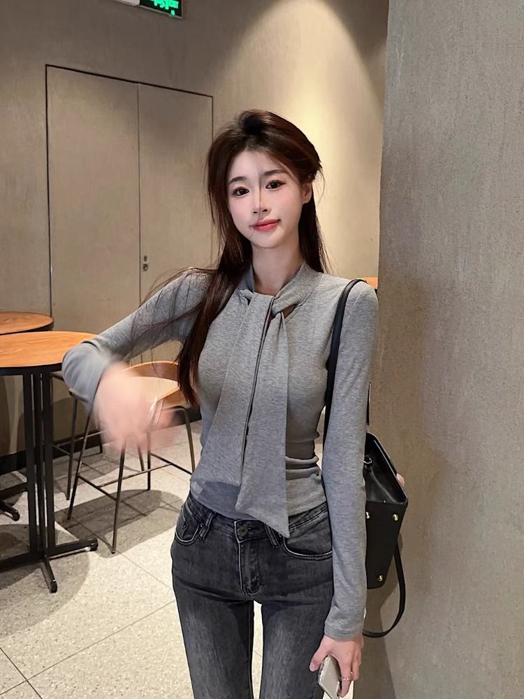 灰色領結磨毛加絨打底衫長袖T恤女冬季修身顯瘦內搭別致甜辣上衣