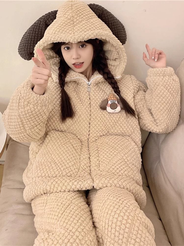 三層夾棉睡衣女士冬季加厚2023新款拉鏈連帽卡通珊瑚絨家居服套裝
