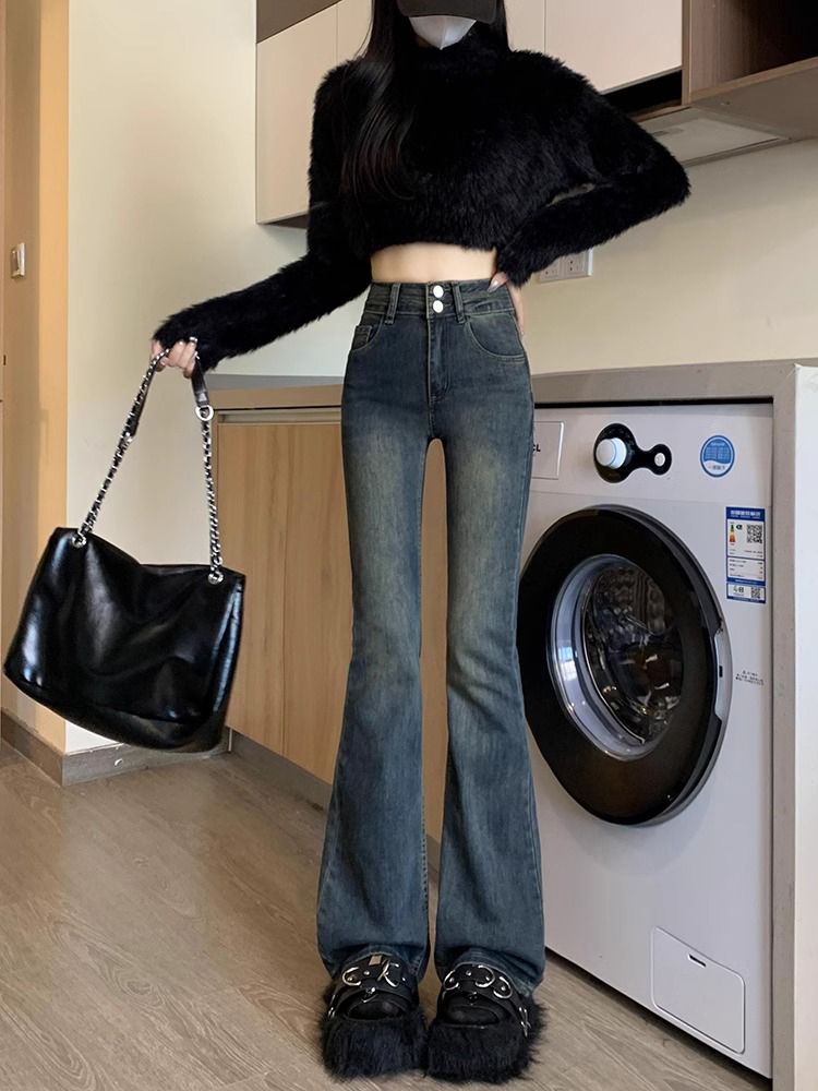 做舊微喇叭牛仔褲女冬季新款雙扣子彈力緊身顯瘦百搭直筒拖地褲子