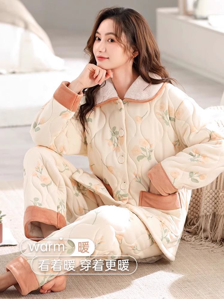 睡衣女款秋冬2023新款冬季珊瑚絨三層夾棉加絨加厚保暖家居服套裝