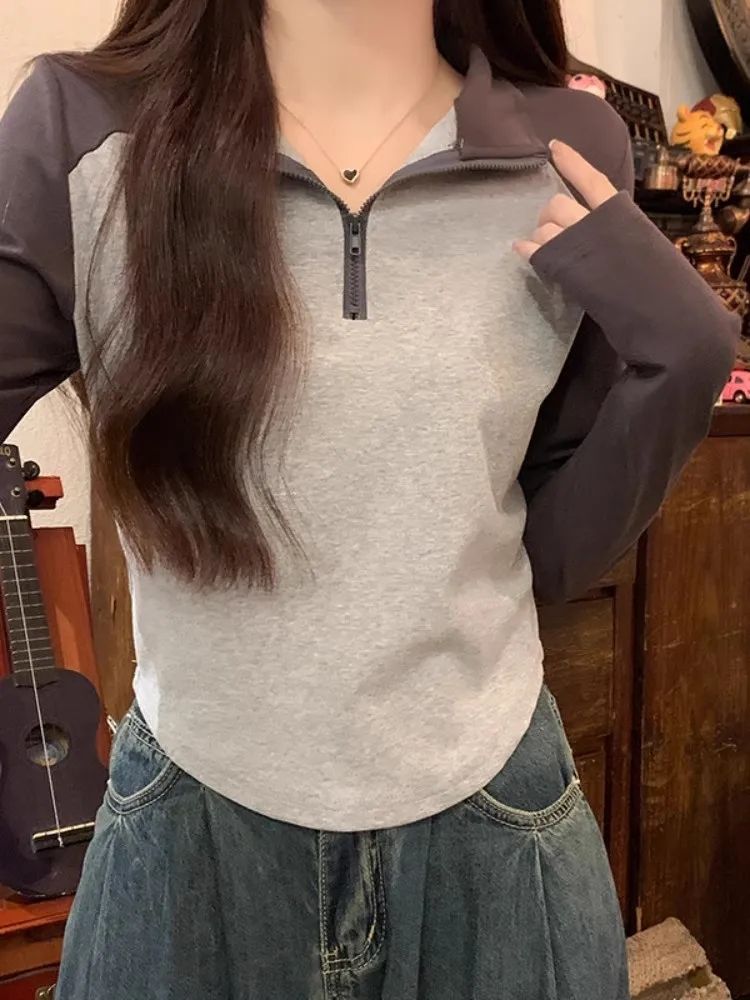 歐貨拼接拼色半拉鏈立領T恤女秋冬季新款時尚設計感撞色打底上衣