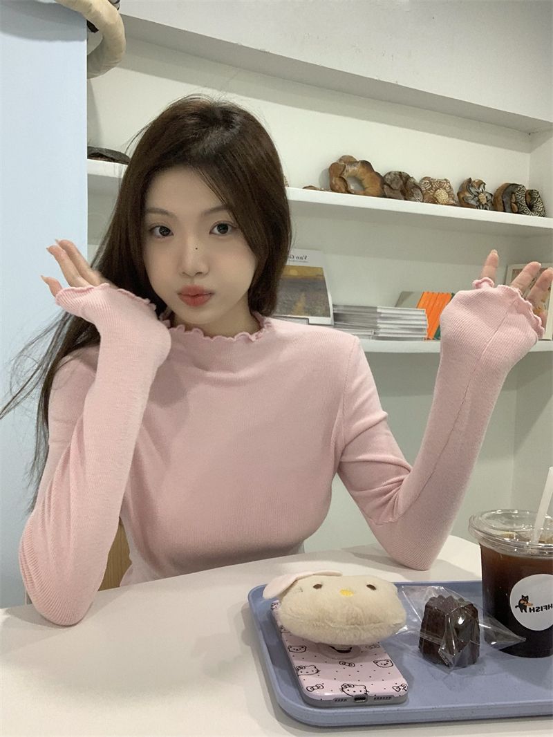 甜美粉色木耳邊半高領磨毛長袖T恤女裝冬季減齡打底衫內搭上衣潮