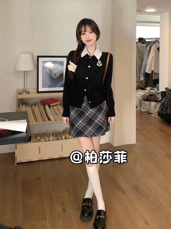 韓版時尚學院風假兩件針織毛衣開衫女秋冬新款格紋半身裙兩件套裝