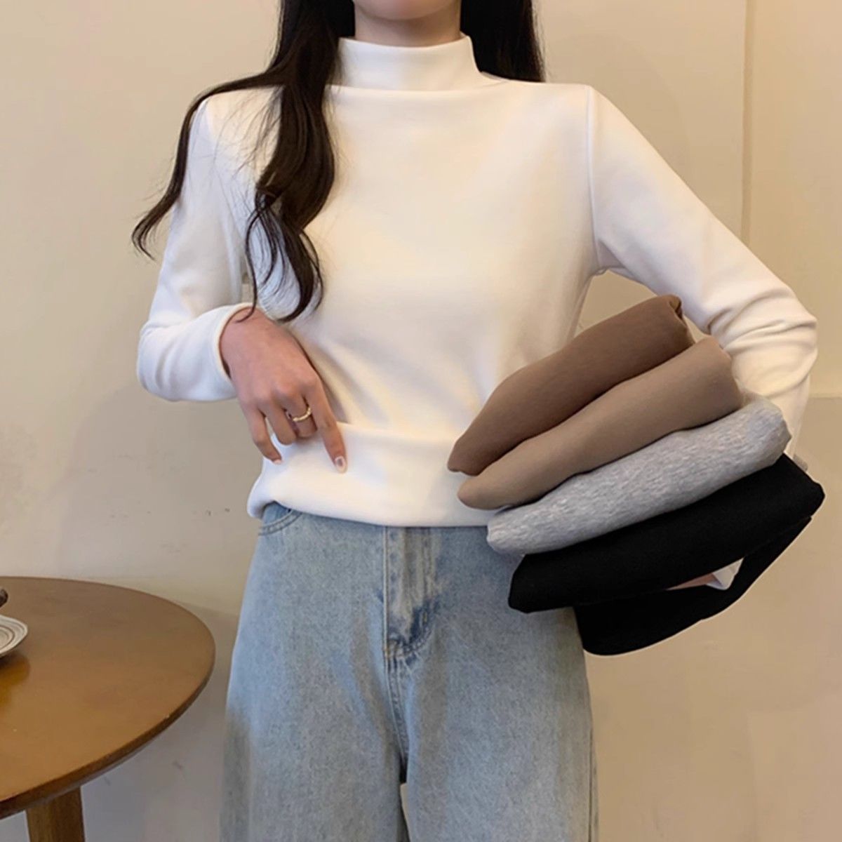 半高領保暖打底衫女內搭秋冬季新款洋氣白色加絨加厚長袖T恤上衣