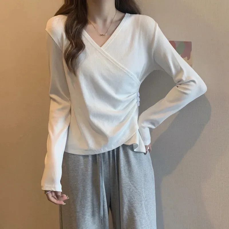 交叉V領t恤女春夏季2024新款設計感小眾別致內搭打底衫長袖上衣韓