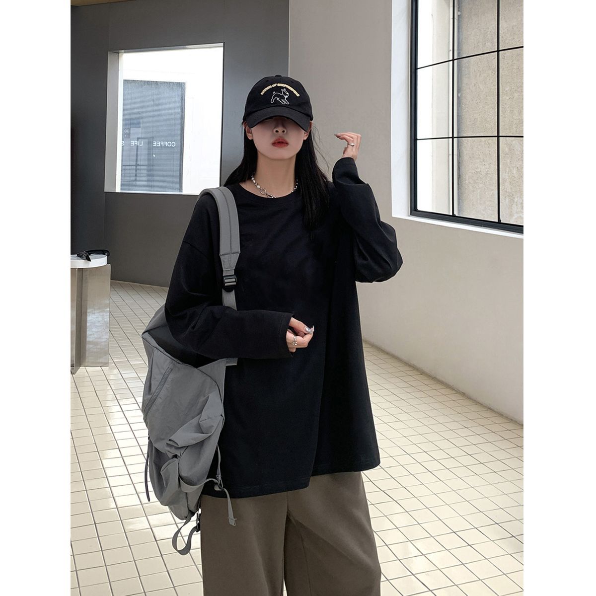 時尚純棉上衣打底衫女春秋韓版2024新款寬鬆百搭黑色長袖t恤內搭