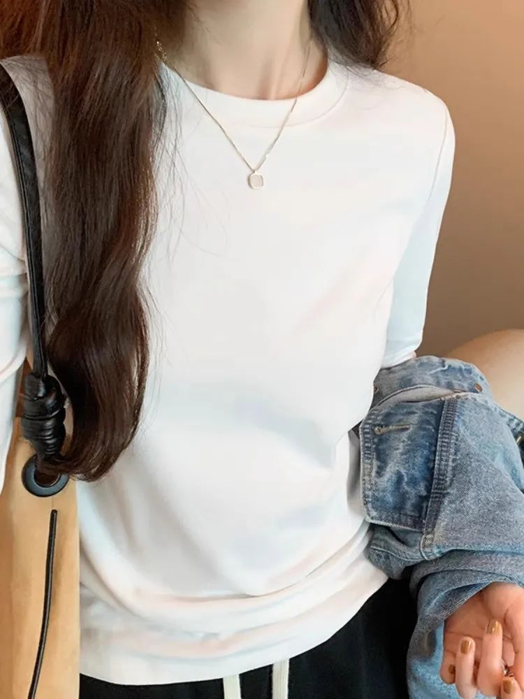 女裝雙面德絨打底衫女秋冬2024新款內搭圓領長袖T恤磨毛通勤上衣