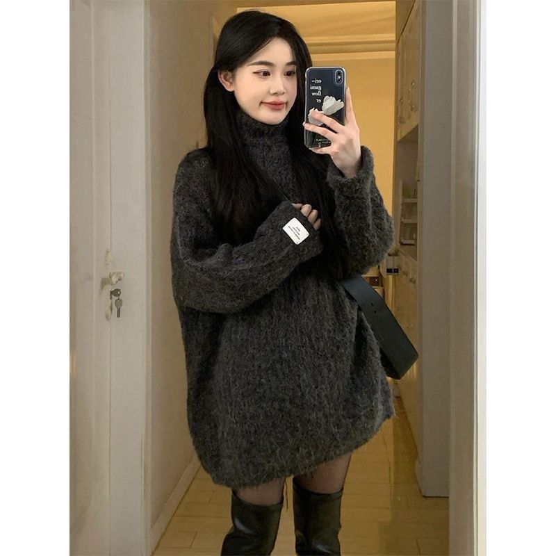韓系慵懶風軟糯高領中長款毛衣女秋冬季小個子高級感百搭寬鬆上衣