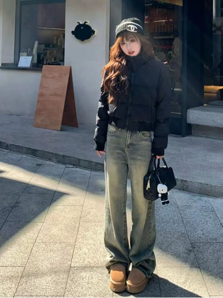 美式復古水洗做舊牛仔褲女小個子高腰寬鬆闊腿褲直筒褲拖地長褲子
