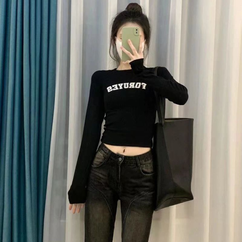 早秋季美式黑色正肩長袖t恤女打底衫修身顯瘦辣妹短款ins打底上衣
