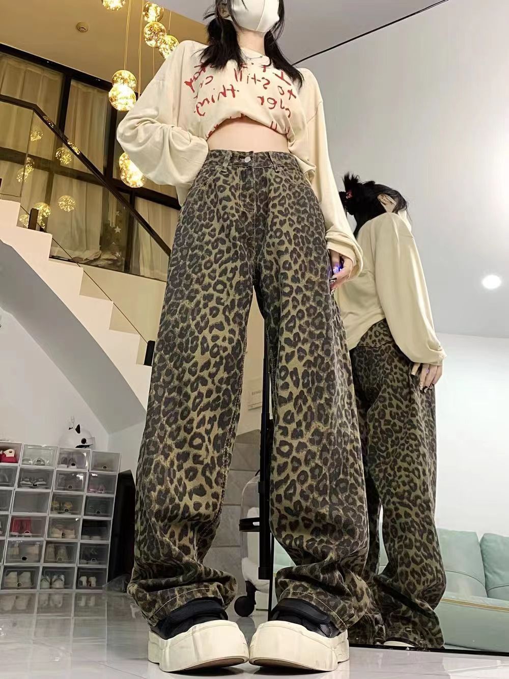 復古高街豹紋直筒牛仔褲秋冬新款寬鬆顯瘦直筒修身百搭長褲潮ins