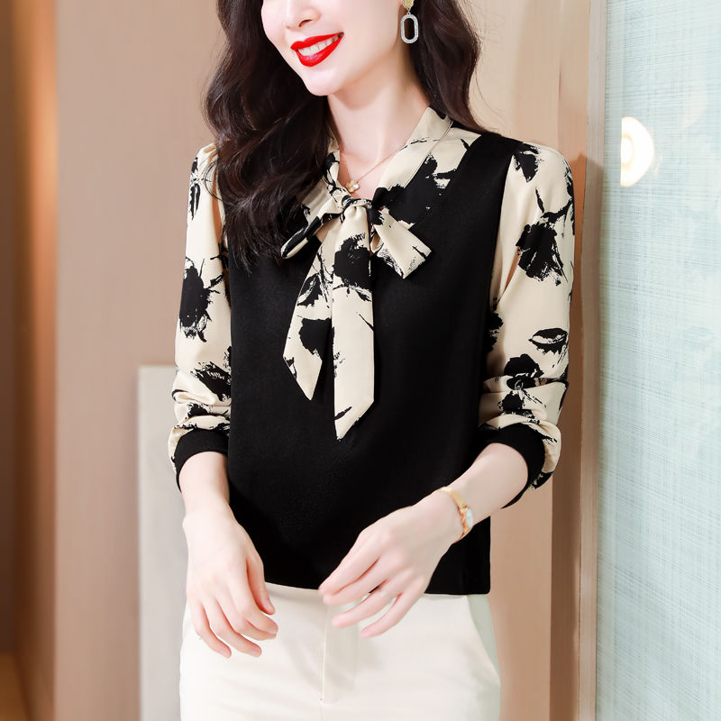 蝴蝶結假兩件拼接長袖打底衫女春秋季百搭時尚印花氣質媽媽裝上衣