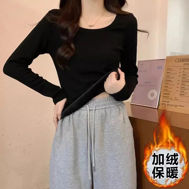 加絨加厚長袖t恤女純色圓領上衣春秋新款韓版外穿內搭保暖打底衫