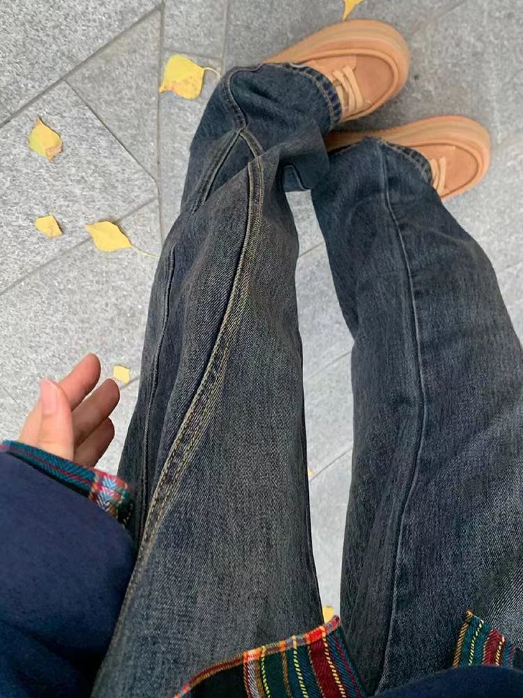 復古高腰拼接設計闊腿牛仔褲女秋冬新款寬鬆顯瘦直筒拖地長褲子潮