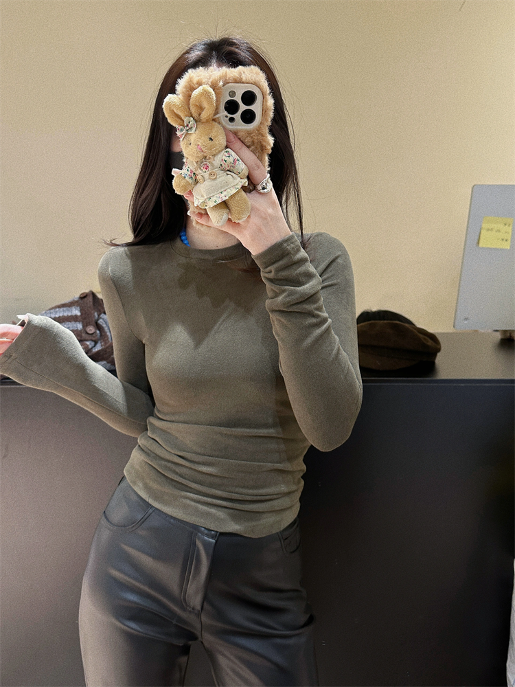 正肩德絨長袖t恤女秋冬內搭修身顯瘦百搭簡約磨毛保暖打底衫上衣