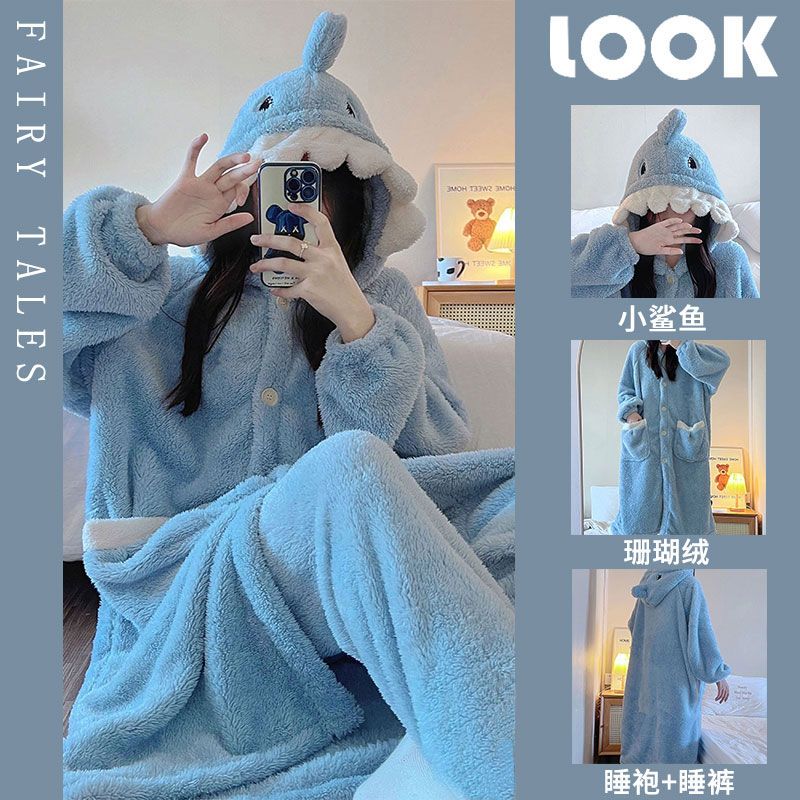 可愛鯊魚連帽珊瑚絨睡衣女冬季加絨加厚保暖法蘭絨睡袍家居服套裝