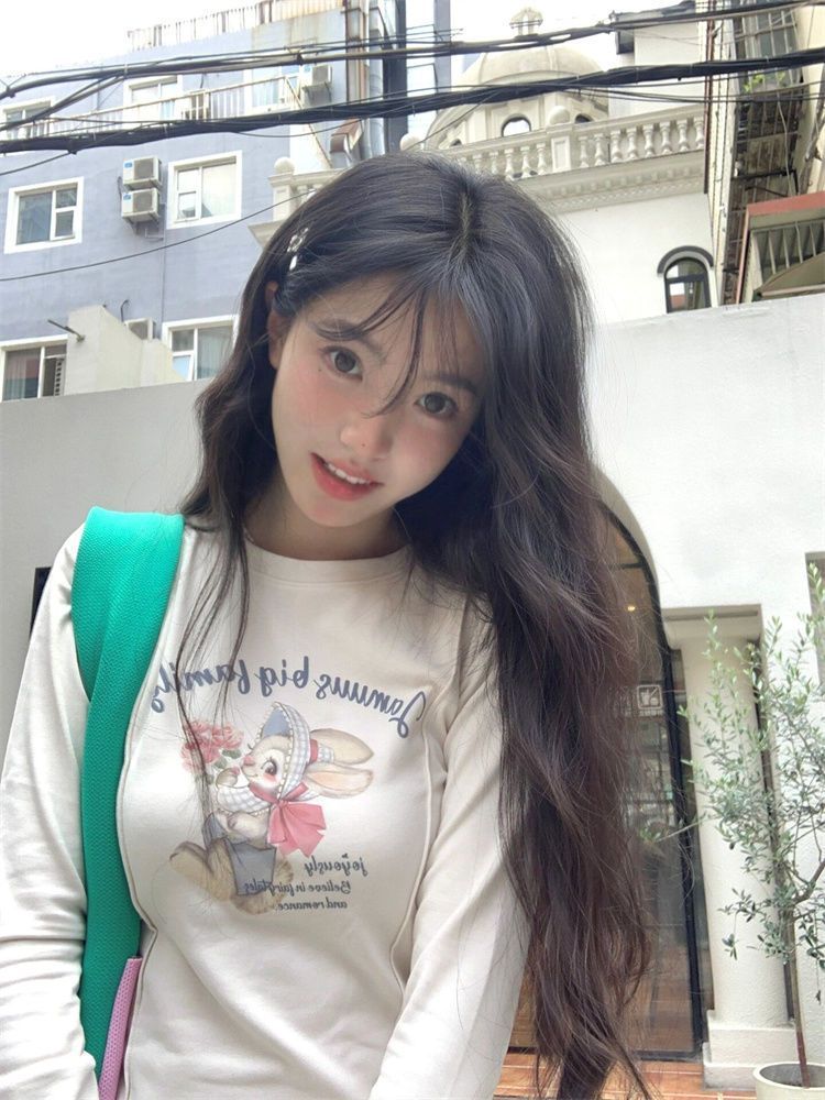 純欲風甜辣妹美式復古兔子印花長袖t恤女秋季新款修身顯瘦ins上衣
