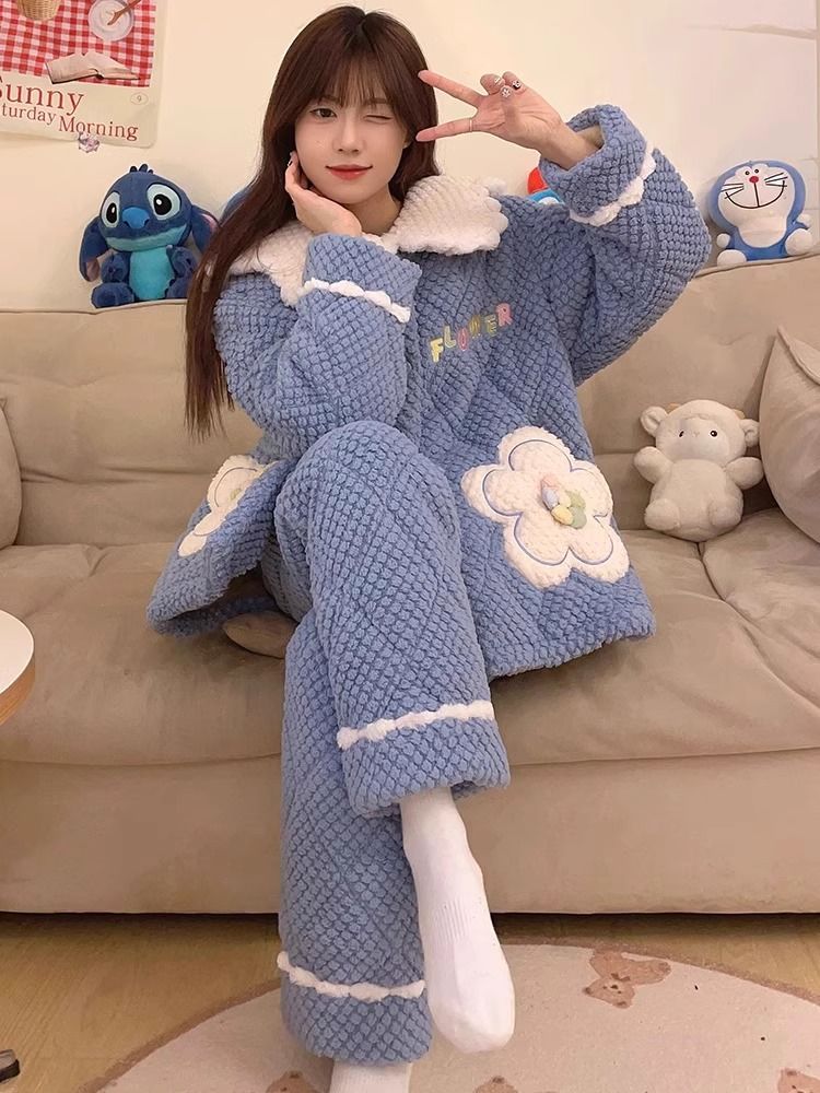 睡衣女款秋冬季2023新款三層夾棉保暖加厚加絨甜美可愛家居服套裝