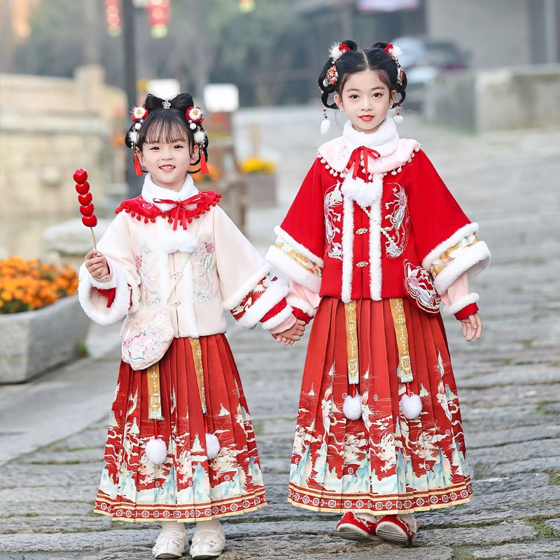 新款女童漢服冬款古裝中國風馬面裙兒童唐裝過年服拜年衣服套裝