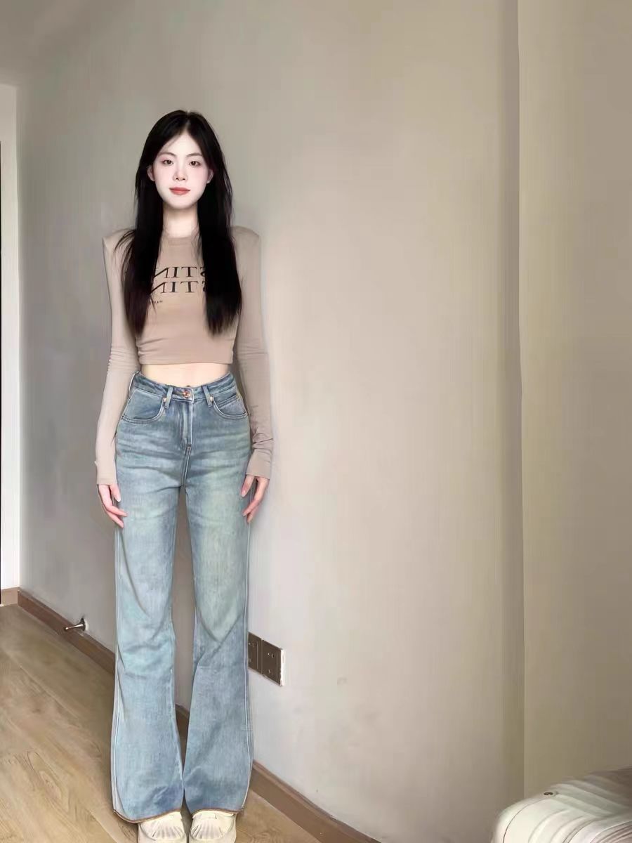美式高街vibe風微喇叭牛仔褲女秋冬新款寬鬆顯瘦直筒拖地長褲子潮